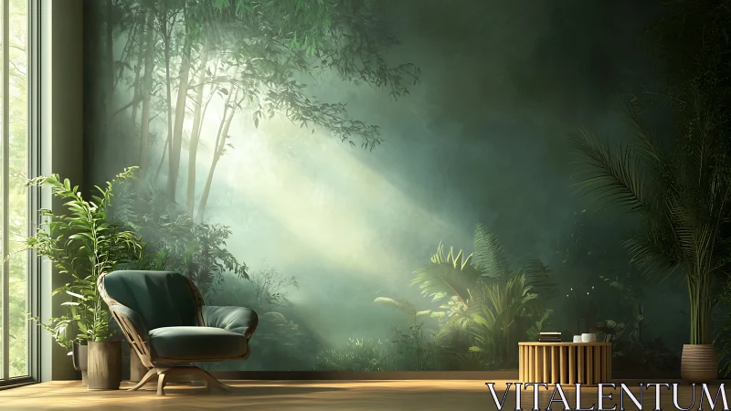 Calm living room with jungle mural and soft daylight.