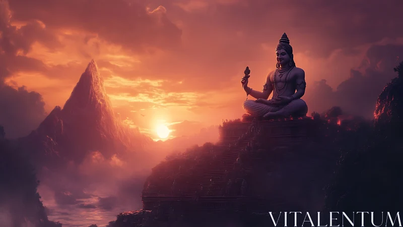 Serene mountain deity bathed in gentle sunset glow.