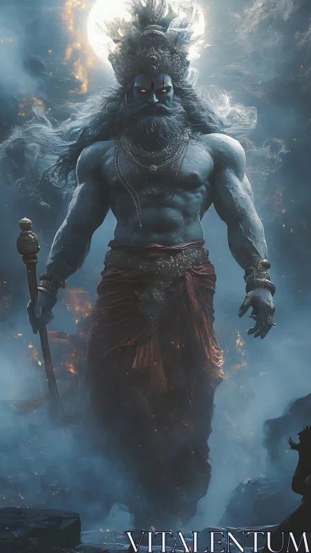 Mythic blue humanoid figure walking through smoky terrain.