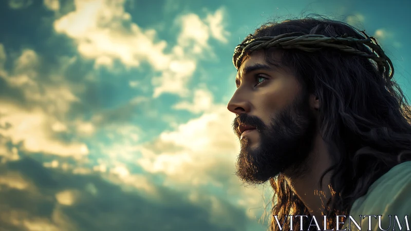 Digital profile portrait of bearded man under glowing sky.