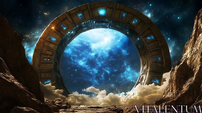 Massive sci fi stargate framed by rocky alien cliffs.