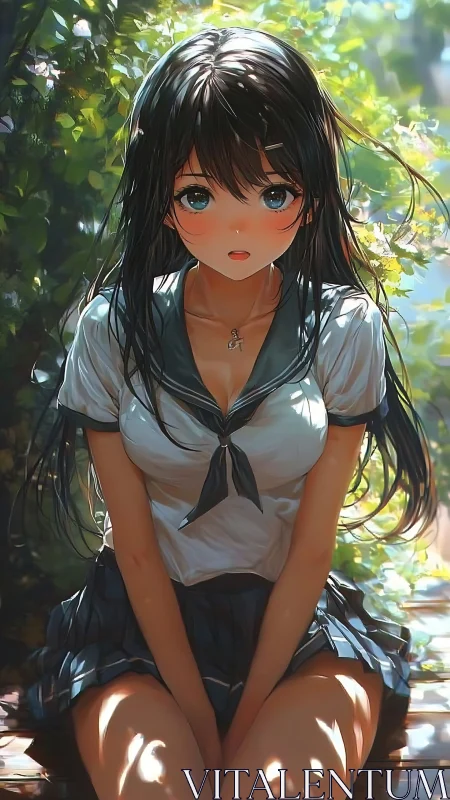 Sunlit garden pauses as shy schoolgirl meets the breeze