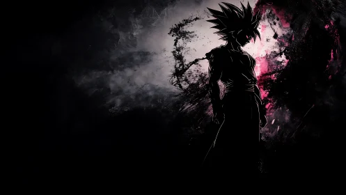 Shadow-charged warrior standing before swirling cosmic storm.