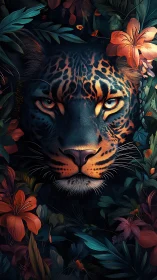 Nocturnal leopard portrait framed by neon jungle florals.