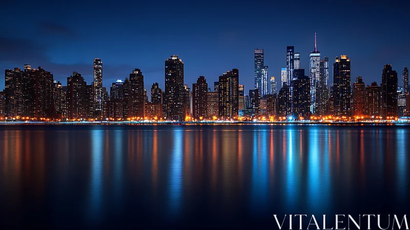 Nocturnal high-rise skyline with waterfront light reflections