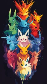 Elemental fox creatures arranged in vibrant chromatic totem.