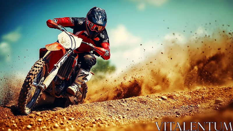 Motocross rider cornering on dirt track under clear sky.