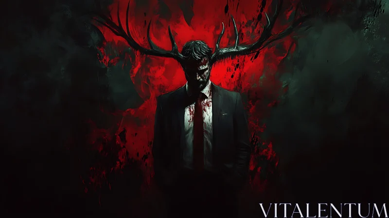 Bloodied suited figure with stag antlers framed by red halo field