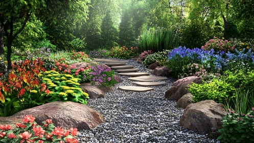 Inviting garden path winding through colorful spring blooms.