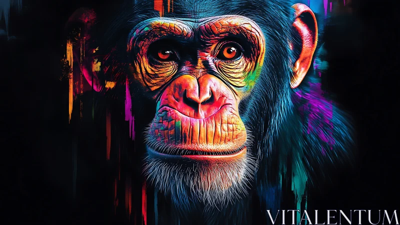 Chromatic chimpanzee portrait renders neon-lit facial anatomy