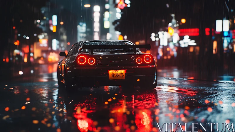 Neon city streets welcome a sleek sports car in the rain
