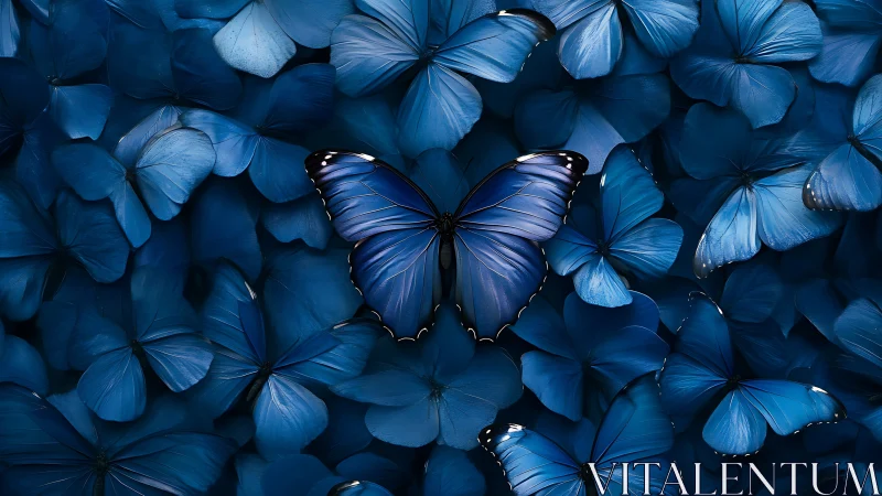 Central blue butterfly contrasts layered monochrome wings.