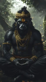 Simian warrior yogi in gold regalia, meditative forest posture.