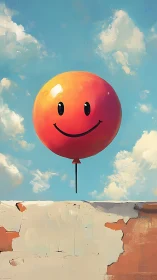 Sunny grin balloon hovers above chipped rooftop edge.