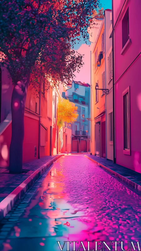 Sunlit alley of neon water and candy-colored houses.