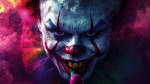Sinister clown face stares forward amid neon fog effects
