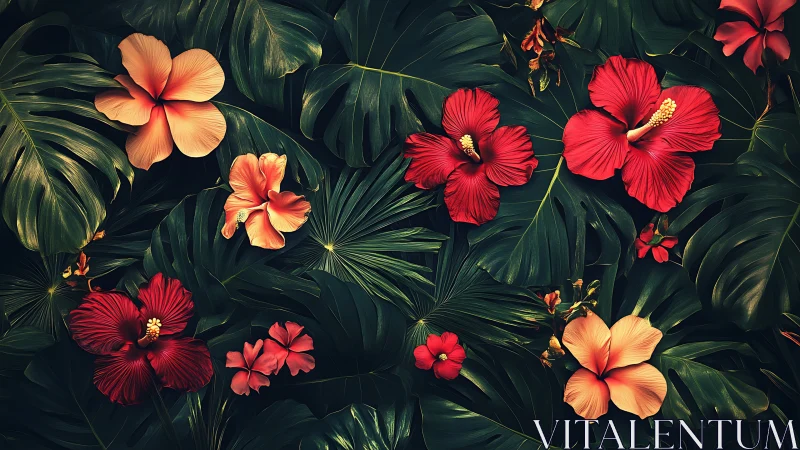 Tropical Hibiscus Garden. Vibrant Florals Against Deep Emerald Foliage.