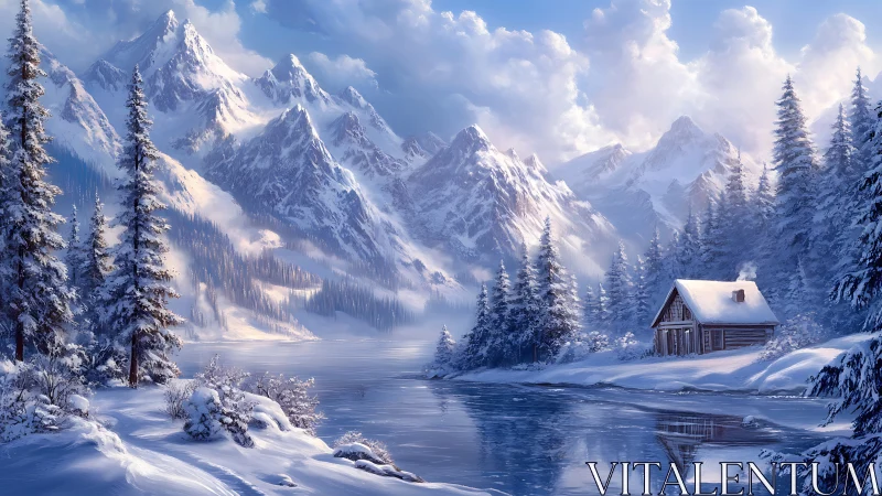 Cozy cabin rests beside a frozen lake in snowy mountains.