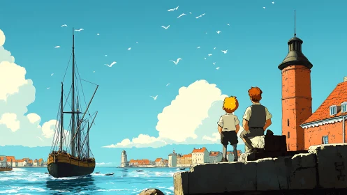 Coastal harbor scene depicts two boys observing a departing ship