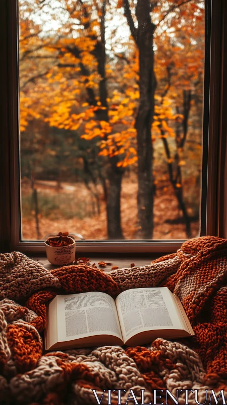 Open book rests on knitted blanket before autumn window
