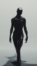 Human figure in glossy black liquid walking forward.