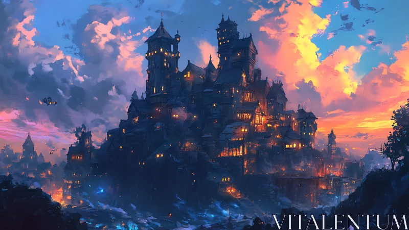 Luminescent vertical citadel under turbulent chromatic skies.