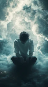 Solitary figure kneels in luminous storm of rolling clouds.