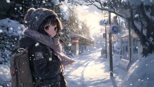 Anime winter streetscape with backpacked girl in snowfall.