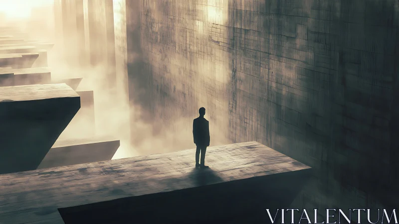 Solitary figure on vast geometric platforms in foggy void.