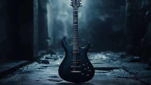 Midnight electric guitar stands in a misty alley shrine.