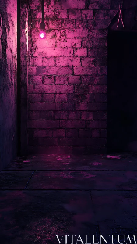 Neon magenta light fills a moody industrial brick hallway