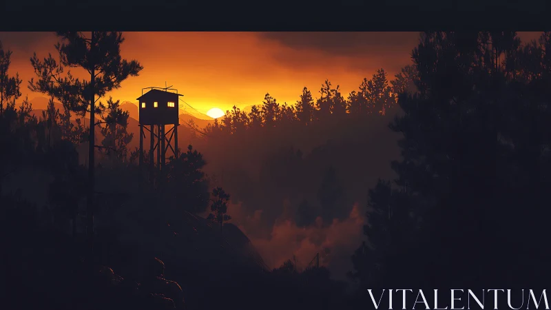 Sunset-occluded firewatch tower in volumetric forest haze.