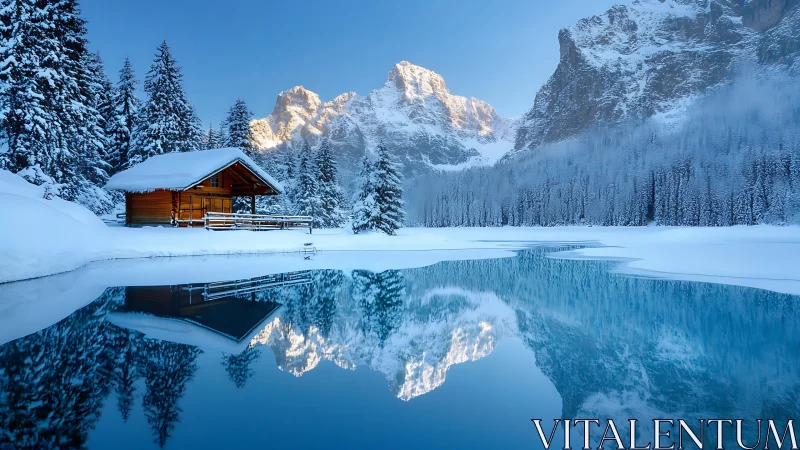 Snowy lakeside cabin under alpine mountains at sunrise.