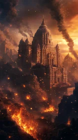 Digital painting of burning temple megastructure in dusk inferno.