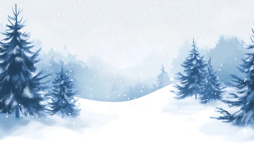 Snow-covered conifer trees stand across a winter hillside