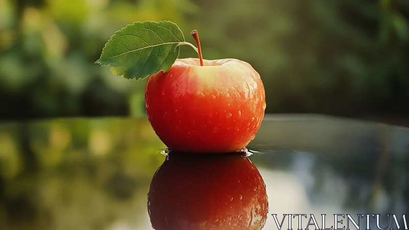Red apple with leaf on reflective wet surface outdoors.