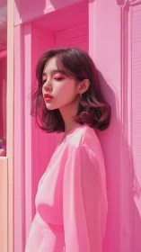 Woman in monochrome pink outfit beside pink doorway.