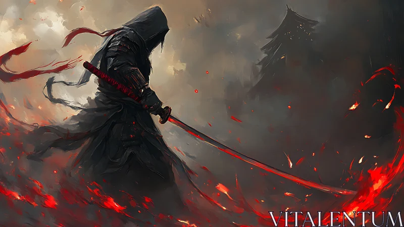 Hooded samurai wields flaming katana in smoky battlefield.