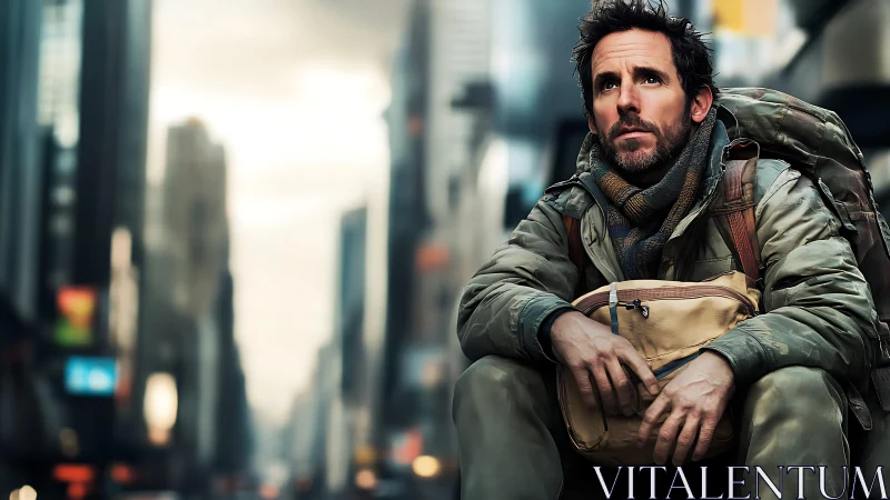 Weary backpacker rests in blurred modern city streetscape.