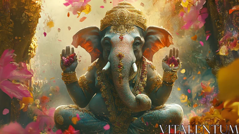 Elephant-headed deity statue sits centered amid falling petals