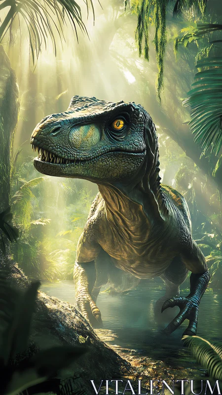 Golden-eyed jungle raptor prowls through misted primeval dawn.