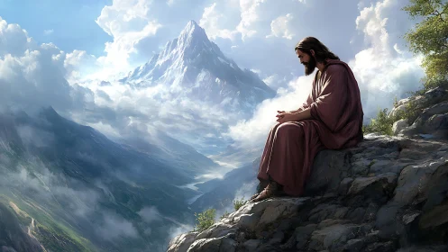 Solitary robed figure in contemplative pose above vast mountains.
