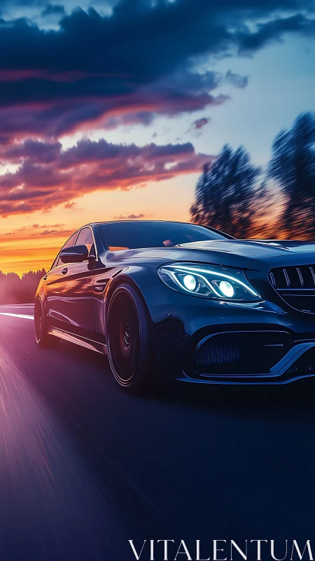 Performance sedan accelerates along highway at neon sunset