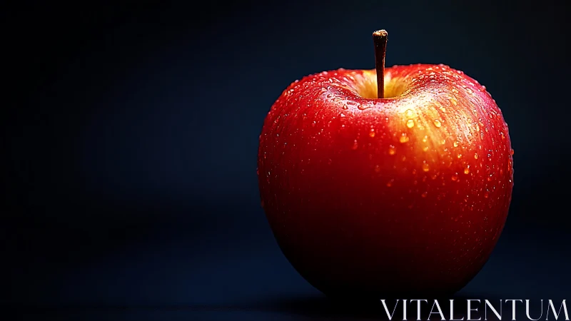 Red apple macro on dark background with water droplets.