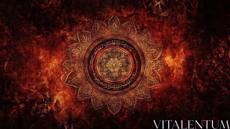 Circular mandala with Arabic calligraphy glows on textured red field