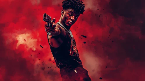 Digital portrait of armed man set against red smoke field.