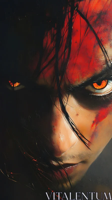 Intense fiery gaze of a determined warrior in shadows.