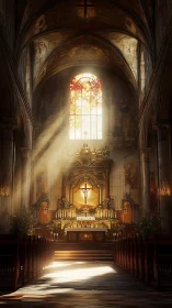Volumetric light over baroque nave and cruciform altar space.