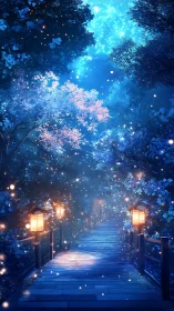 Night forest path with lanterns and glowing blue foliage.