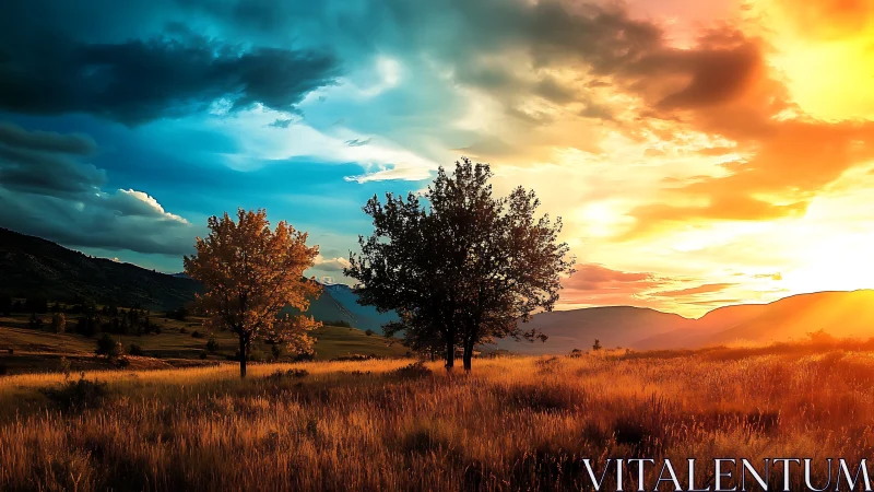 Sunset landscape with trees and vivid contrasting sky.